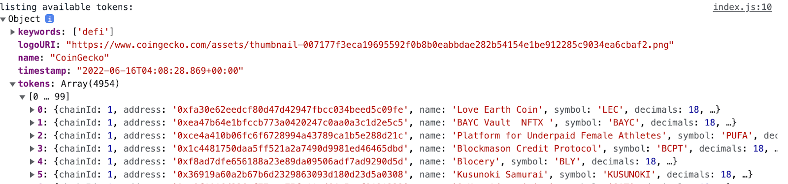 tokens array